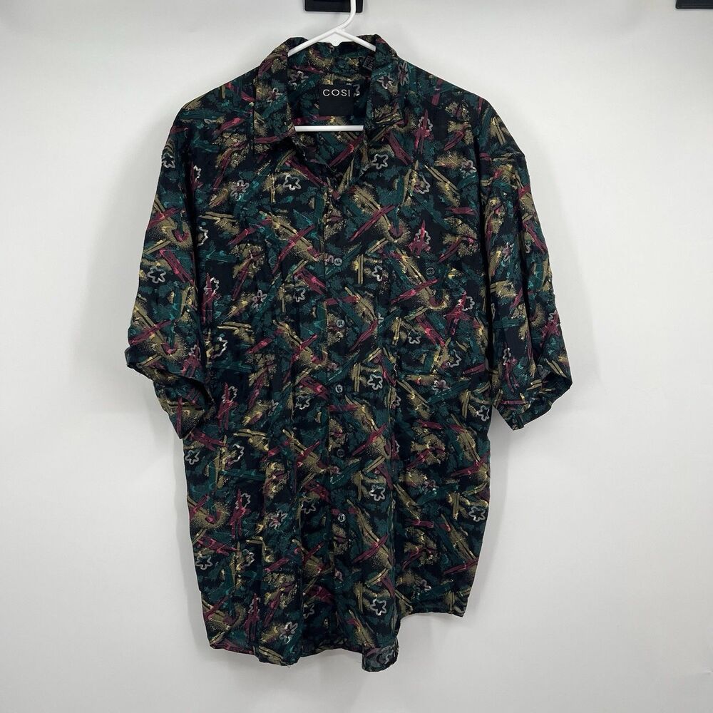 Mens Cosi VTG Casual Button SS Shirt L Colorful Retro Geometric Grunge